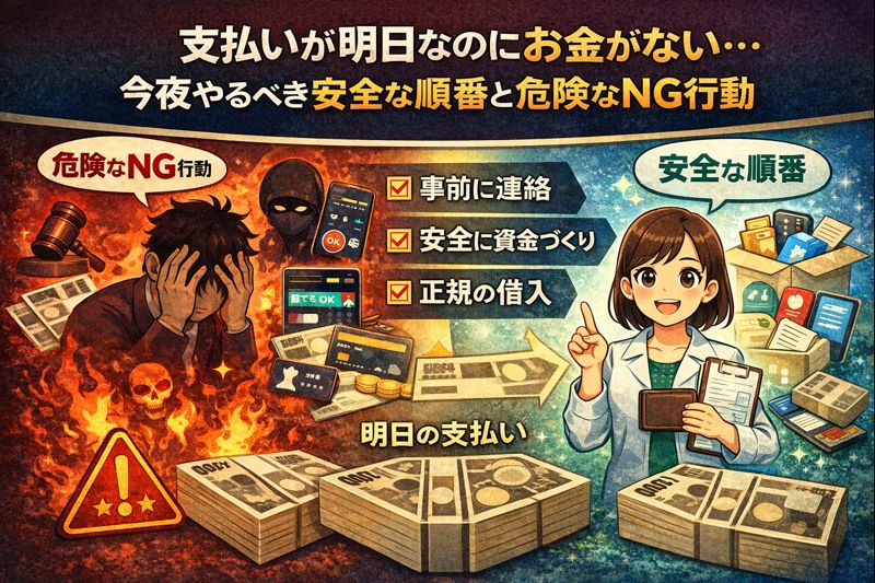 支払いが明日なのにお金がないやるべき安全な順番と危険なNG行動時について解説した記事のアイキャッチ画像